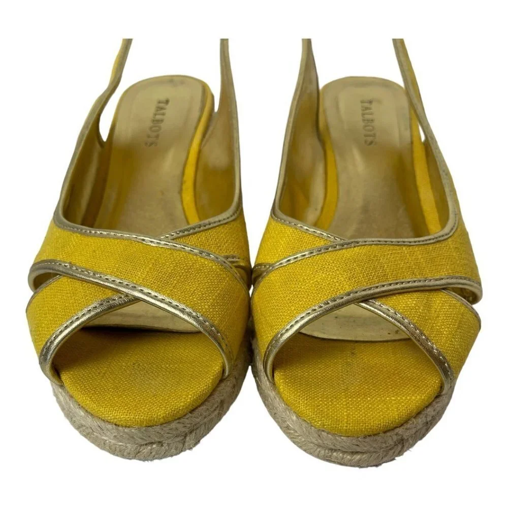 Talbots Lyndsay Yellow Canvas Peep Toe Sling Back Espadrille‎ Wedge Size 9.5